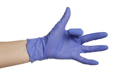 Photo of Doctor in medical glove on white background, closeup