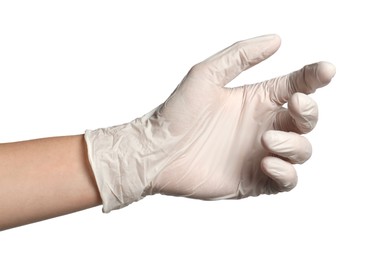 Photo of Doctor in medical glove on white background, closeup