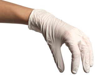 Photo of Doctor in medical glove holding something on white background, closeup