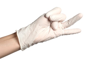 Photo of Doctor in medical glove showing two fingers on white background, closeup