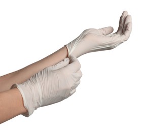 Photo of Doctor putting on medical gloves against white background, closeup