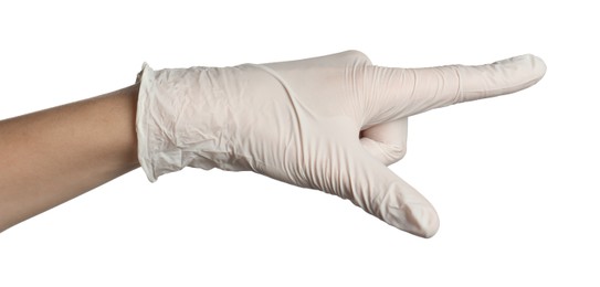 Photo of Doctor in medical glove pointing at something on white background, closeup