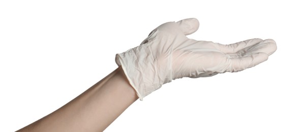 Photo of Doctor in medical glove holding something on white background, closeup