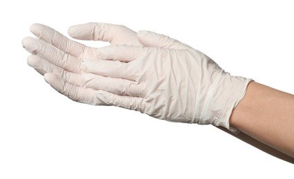 Photo of Doctor in medical gloves on white background, closeup