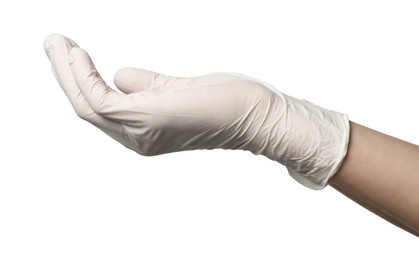 Photo of Doctor in medical glove holding something on white background, closeup