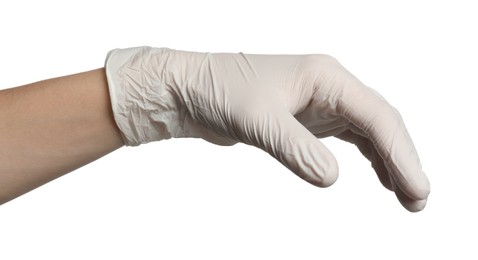 Photo of Doctor in medical glove holding something on white background, closeup