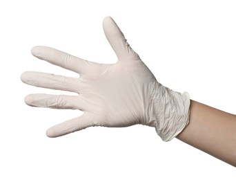 Photo of Doctor in medical glove on white background, closeup