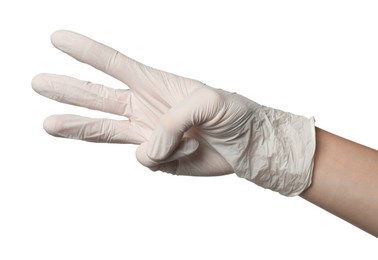 Photo of Doctor in medical glove showing three fingers on white background, closeup