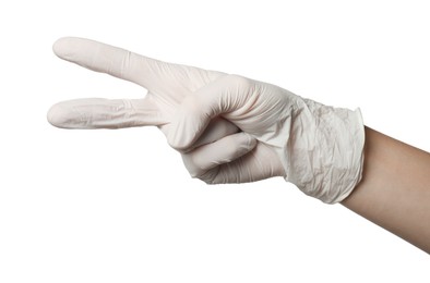 Photo of Doctor in medical glove showing two fingers on white background, closeup