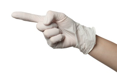 Photo of Doctor in medical glove pointing at something on white background, closeup