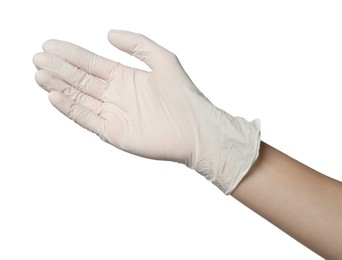 Photo of Doctor in medical glove on white background, closeup