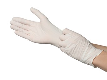 Photo of Doctor putting on medical gloves against white background, closeup