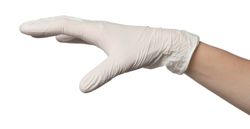 Photo of Doctor in medical glove holding something on white background, closeup