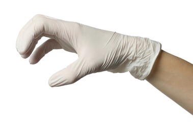 Photo of Doctor in medical glove holding something on white background, closeup