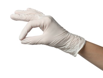 Photo of Doctor in medical glove holding something on white background, closeup