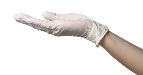 Photo of Doctor in medical glove holding something on white background, closeup