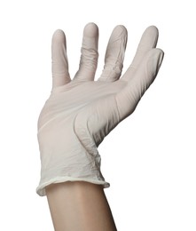 Photo of Doctor in medical glove on white background, closeup