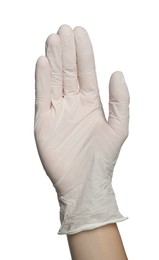 Photo of Doctor in medical glove on white background, closeup