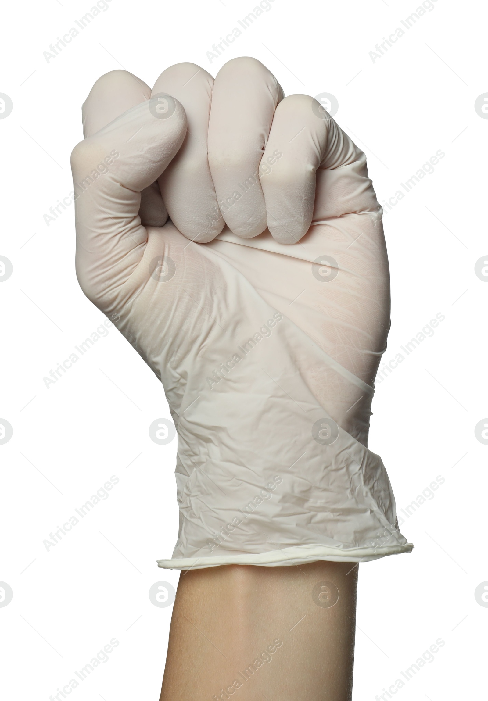 Photo of Doctor in medical glove on white background, closeup