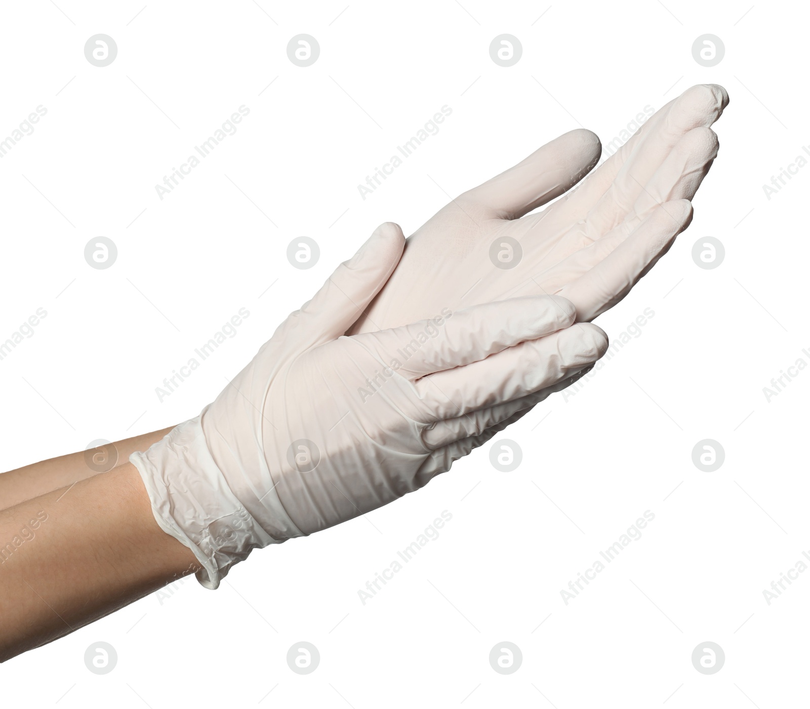 Photo of Doctor putting on medical gloves against white background, closeup