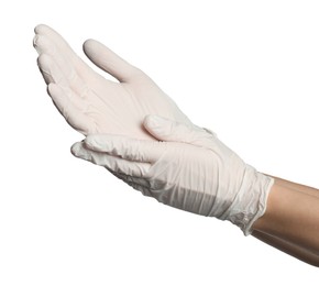 Photo of Doctor putting on medical gloves against white background, closeup