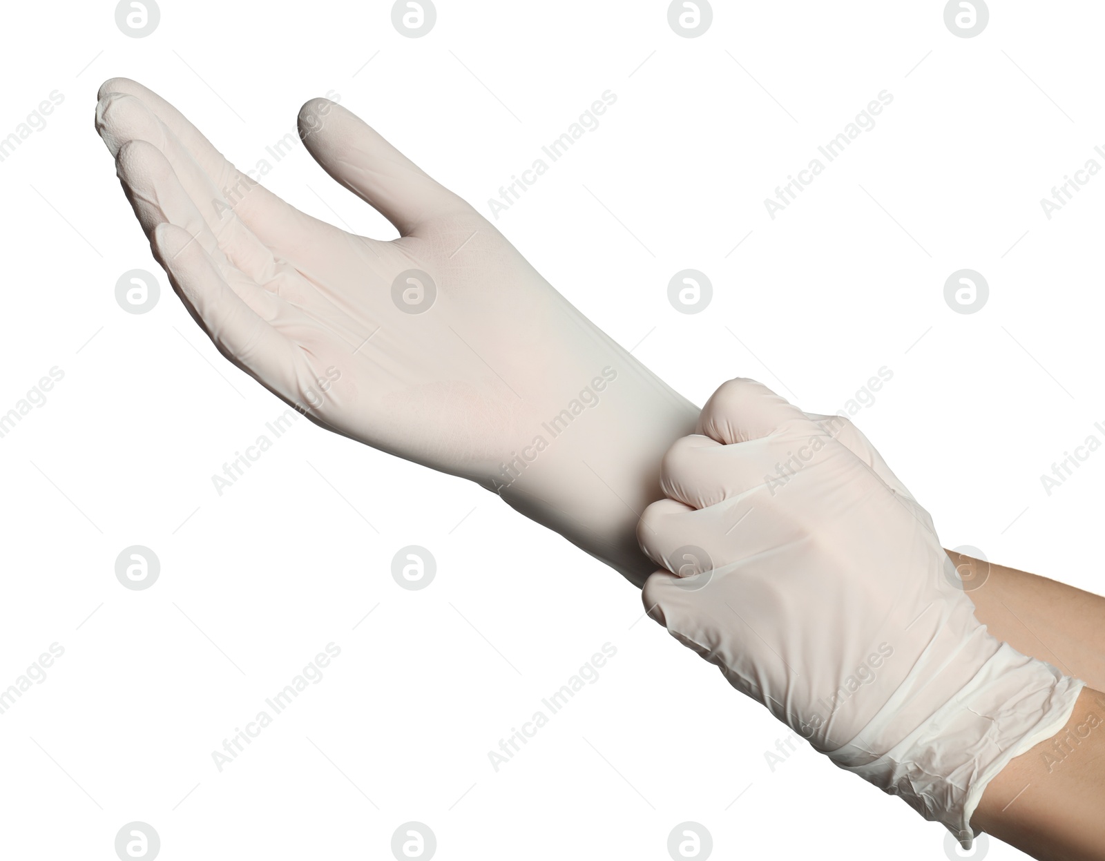 Photo of Doctor putting on medical gloves against white background, closeup