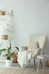 Stylish furniture, houseplant and decor near white wall