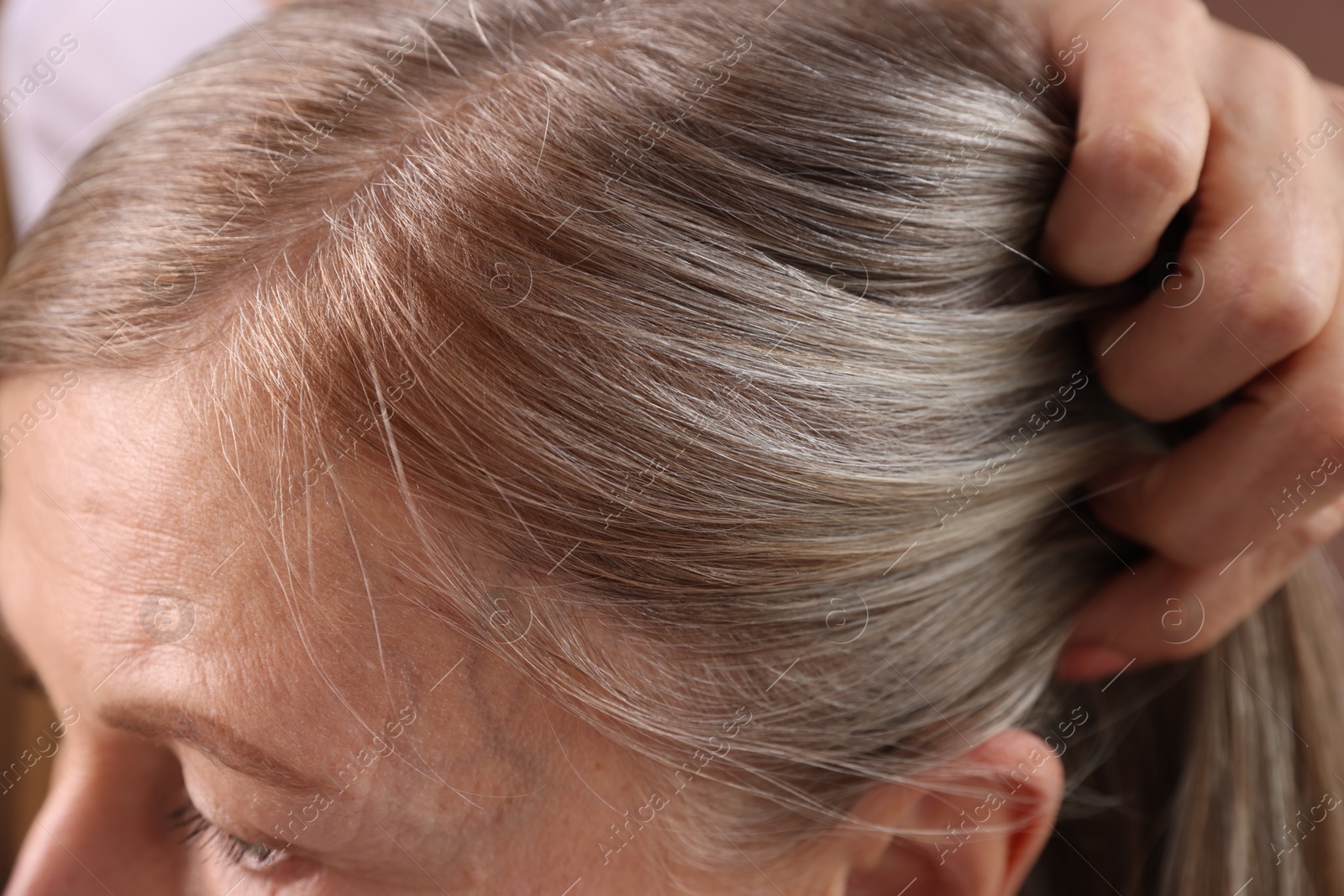 Photo of Senior woman with healthy hair roots on blurred background, closeup