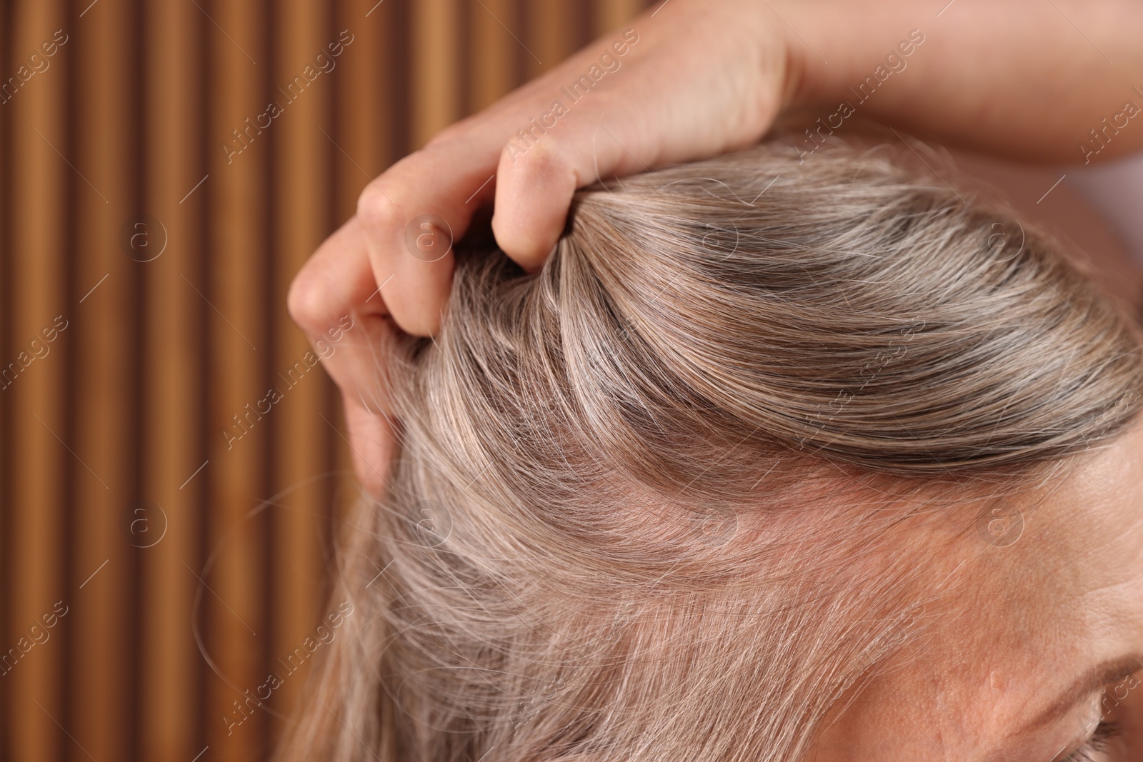 Photo of Senior woman with healthy hair roots on blurred background, closeup