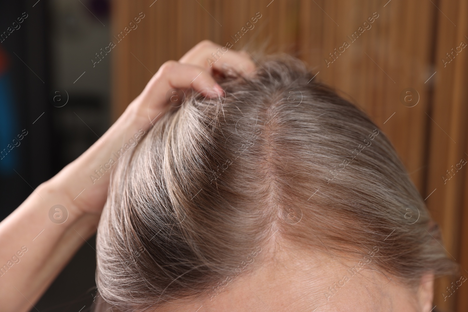 Photo of Senior woman with healthy hair roots on blurred background, closeup