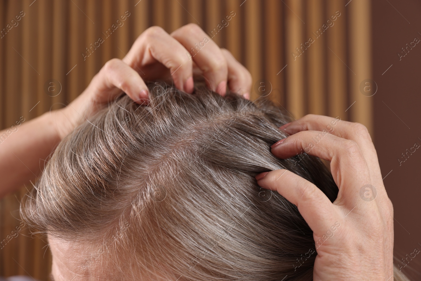 Photo of Senior woman with healthy hair roots on blurred background, closeup