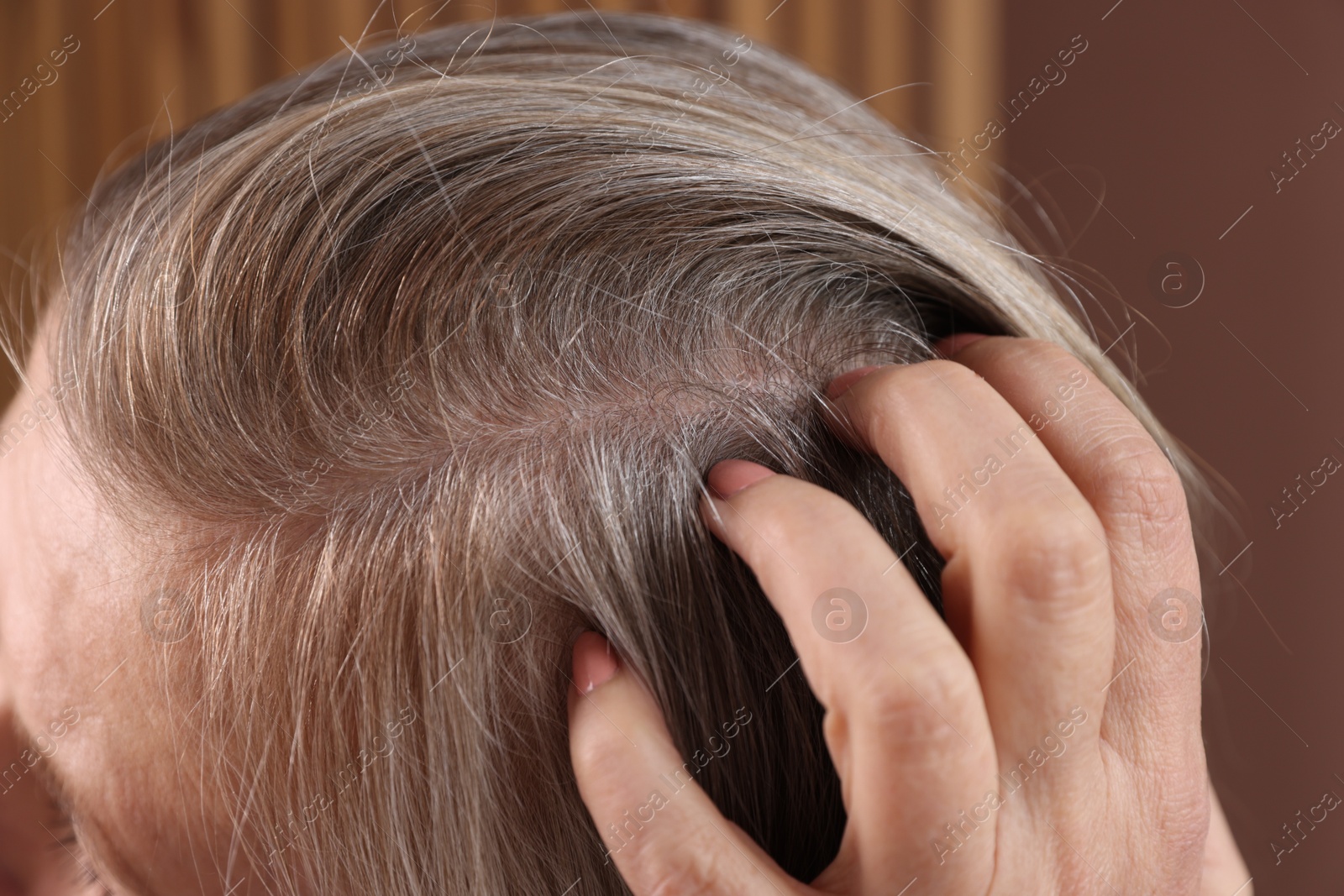 Photo of Senior woman with healthy hair roots on blurred background, closeup