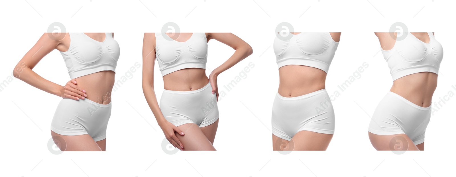 Image of Diet and weight loss. Woman showing her slim body on white background, closeup. Collage of photos