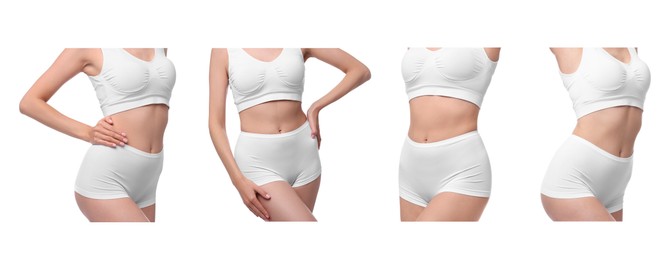 Image of Diet and weight loss. Woman showing her slim body on white background, closeup. Collage of photos