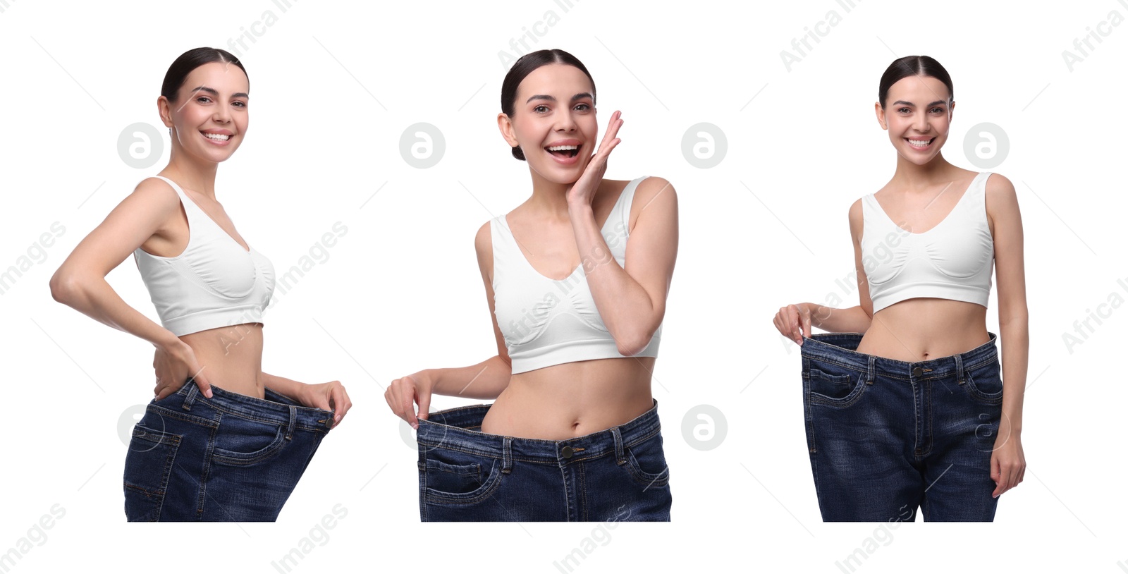 Image of Diet and weight loss. Happy woman in big jeans showing her slim body on white background, collage