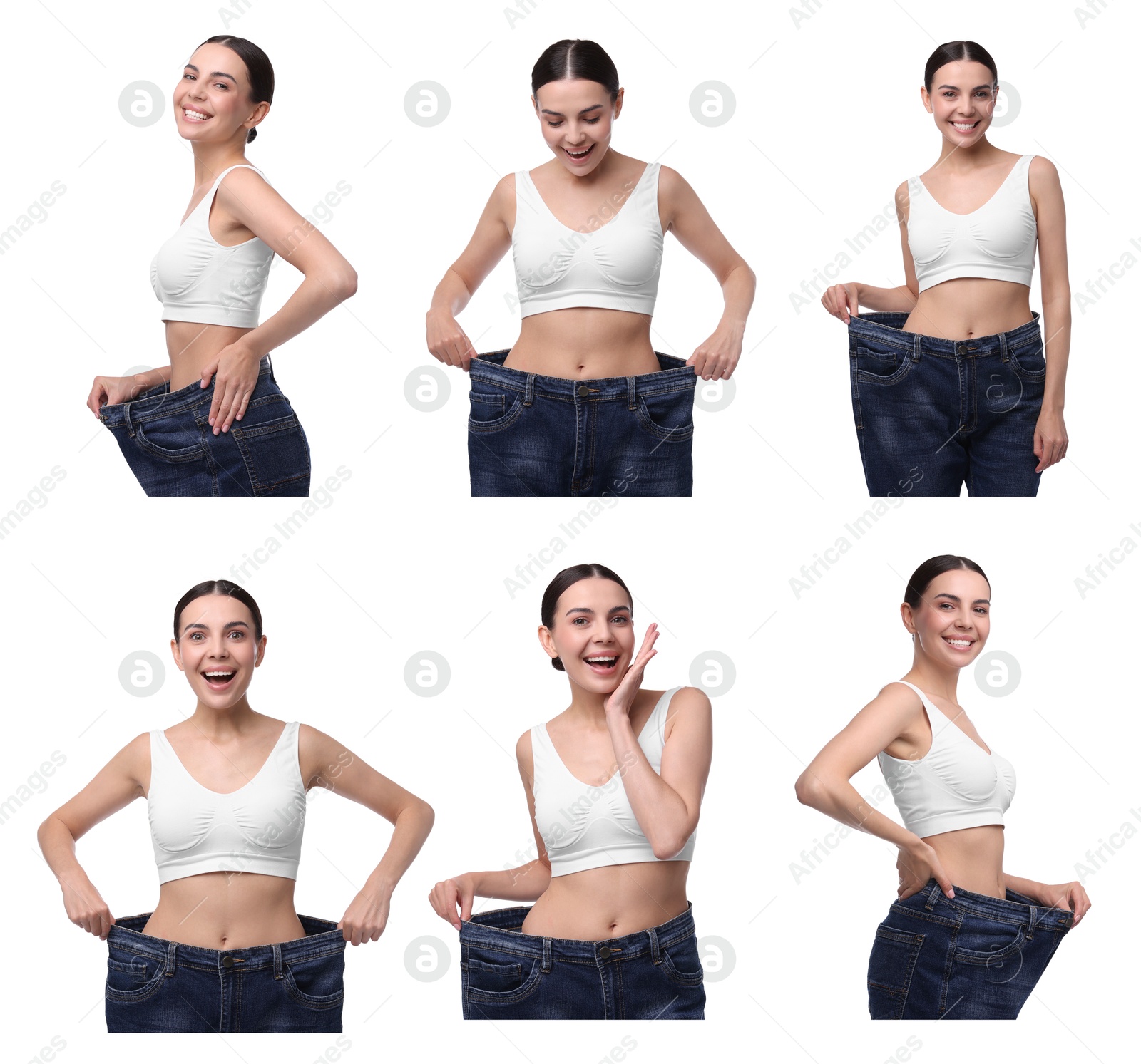 Image of Diet and weight loss. Happy woman in big jeans showing her slim body on white background, collage