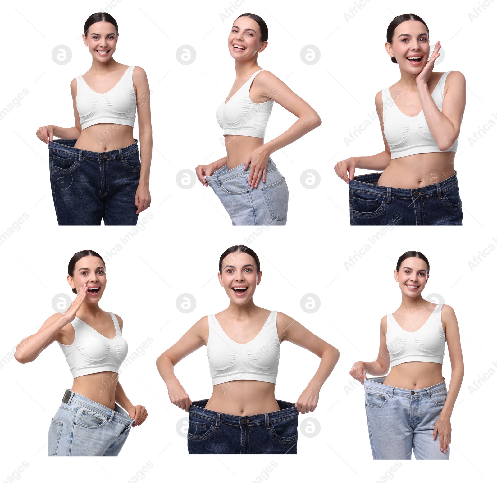 Image of Diet and weight loss. Happy woman in big jeans showing her slim body on white background, collage