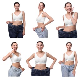 Diet and weight loss. Happy woman in big jeans showing her slim body on white background, collage