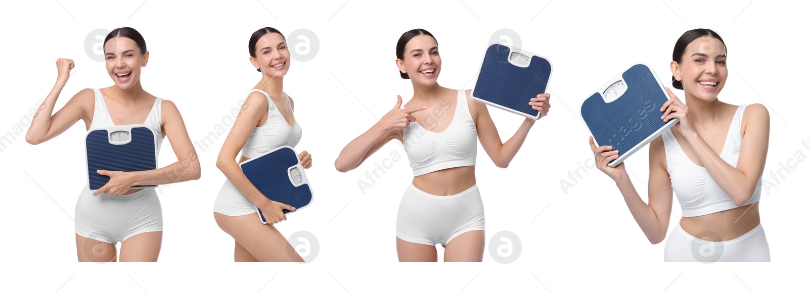 Image of Diet and weight control. Happy woman with slim body holding scales on white background, collage