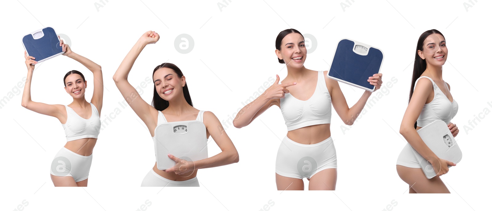 Image of Diet and weight control. Happy woman with slim body holding scales on white background, collage