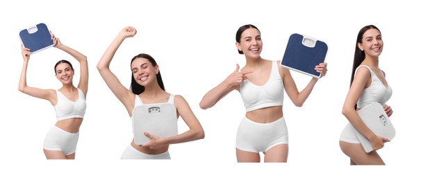 Diet and weight control. Happy woman with slim body holding scales on white background, collage