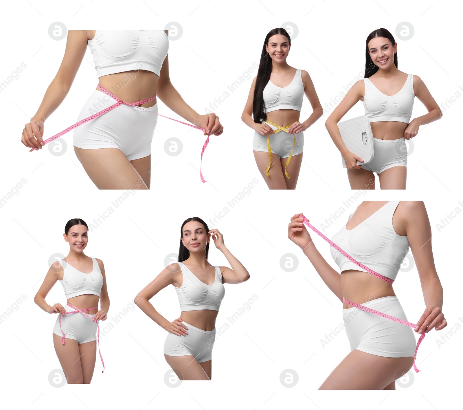 Image of Diet and weight loss. Happy woman showing her slim body on white background, collage