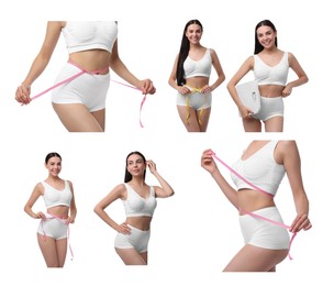 Image of Diet and weight loss. Happy woman showing her slim body on white background, collage