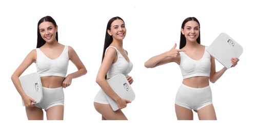 Image of Diet and weight control. Happy woman with slim body holding scales on white background, collage