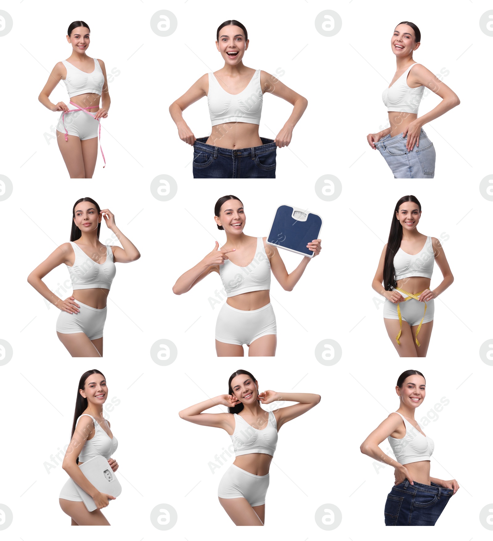 Image of Diet and weight loss. Happy woman showing her slim body on white background, collage