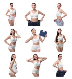 Diet and weight loss. Happy woman showing her slim body on white background, collage