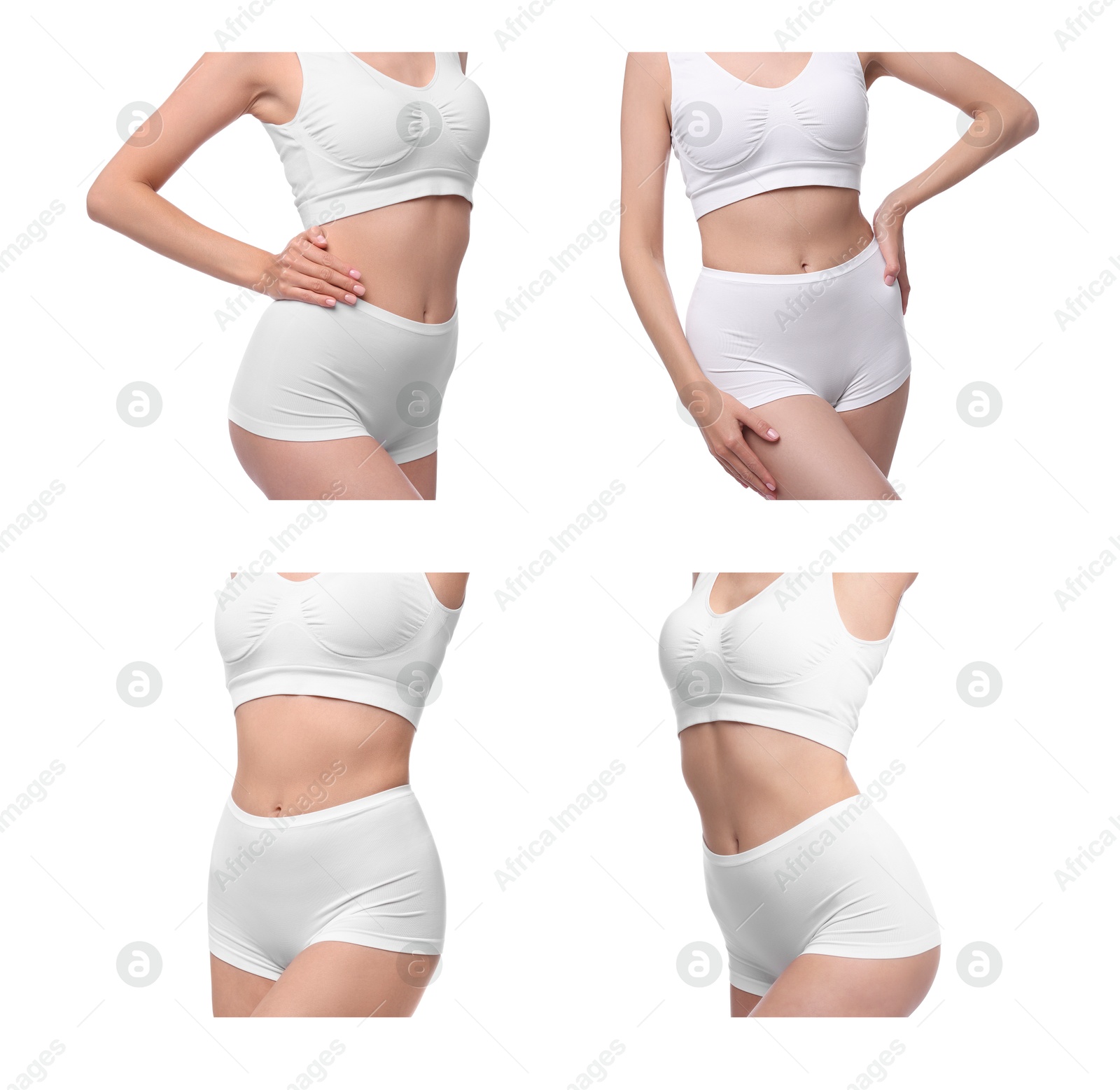 Image of Diet and weight loss. Woman showing her slim body on white background, closeup. Collage of photos