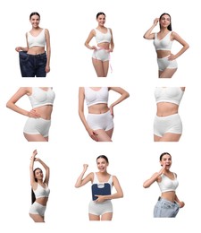 Image of Diet and weight loss. Happy woman showing her slim body on white background, collage