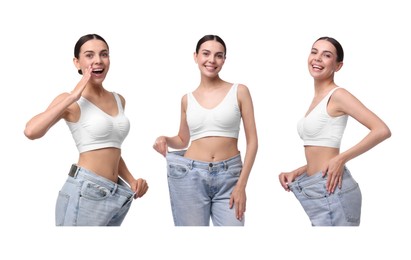 Diet and weight loss. Happy woman in big jeans showing her slim body on white background, collage