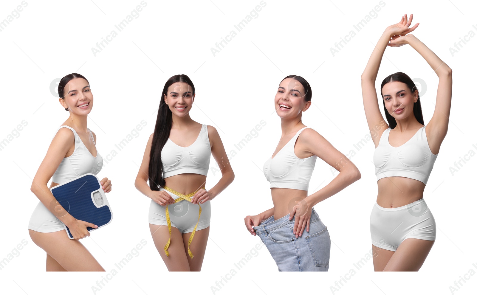 Image of Diet and weight loss. Happy woman showing her slim body on white background, collage